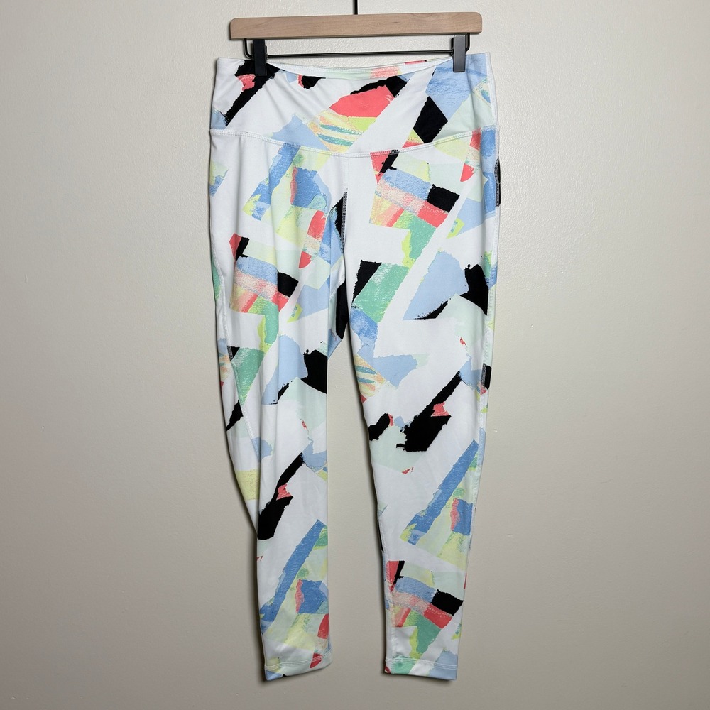 Zelos Womens Leggings 1X White Abstract Print Geometric Curvy Fit High Rise Gym